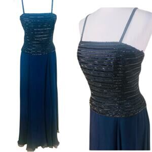 Vintage Black Tie Oleg Cassini Sz 10 Beaded Evening Dress Navy Blue Black Formal
